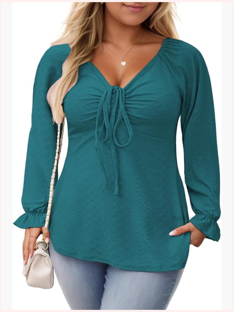 Plus Size V Neck Puff Sleeve Tunic Top Drawstring Loose Blouse